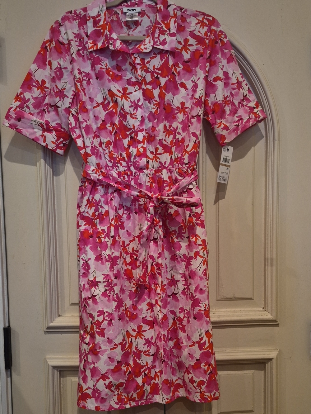 DKNY Pink and Coral Floral Midi Shirt Dress with Tie Waist